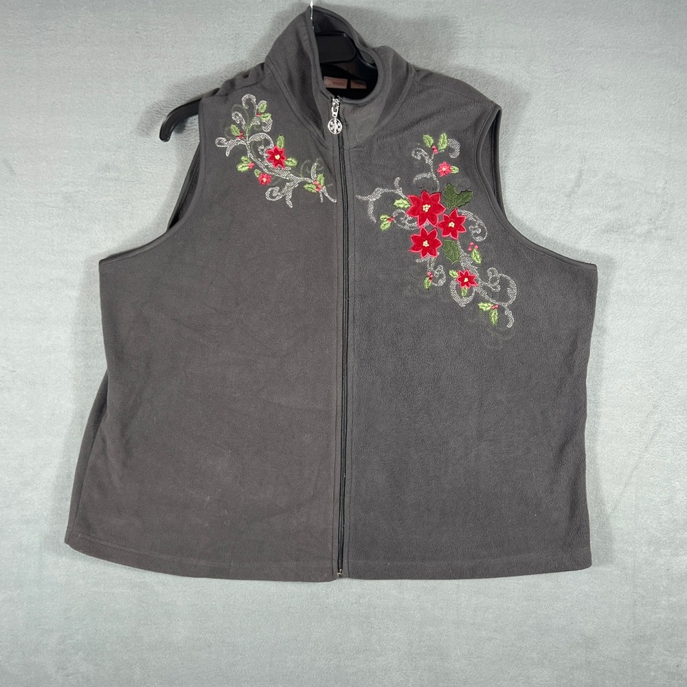 Holiday Editions Women Vest 2X Gray Floral Poinsettia Embroidery Full Zip Fleece